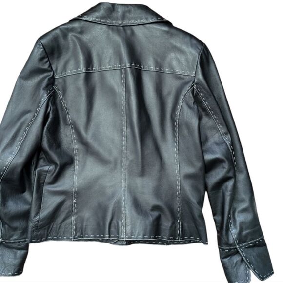 Danier black genuine leather blazer jacket white stitching accents size M - Picture 2 of 8